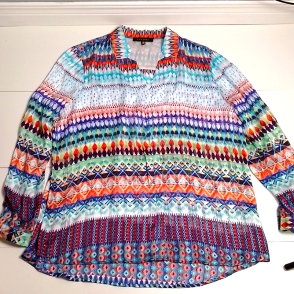 Jolibel smock button down geometric colorful tunic top size 18 sheer - Picture 1 of 5